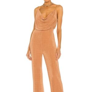 MISHA COLLECTION Tan Jumpsuit with Draped Neckline and Wide-Leg Design